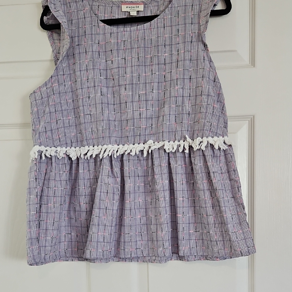 Andree Lavender and White Ruffle Sleevee Top Fringe At The Waist